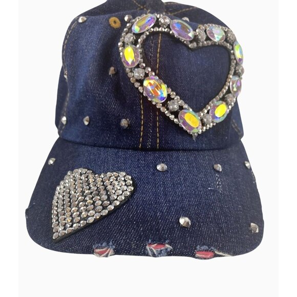 Woman Denim Sparkle Hat Rhinestone Heart Bling Embellished Adjustable Frayed Cap - Picture 4 of 13